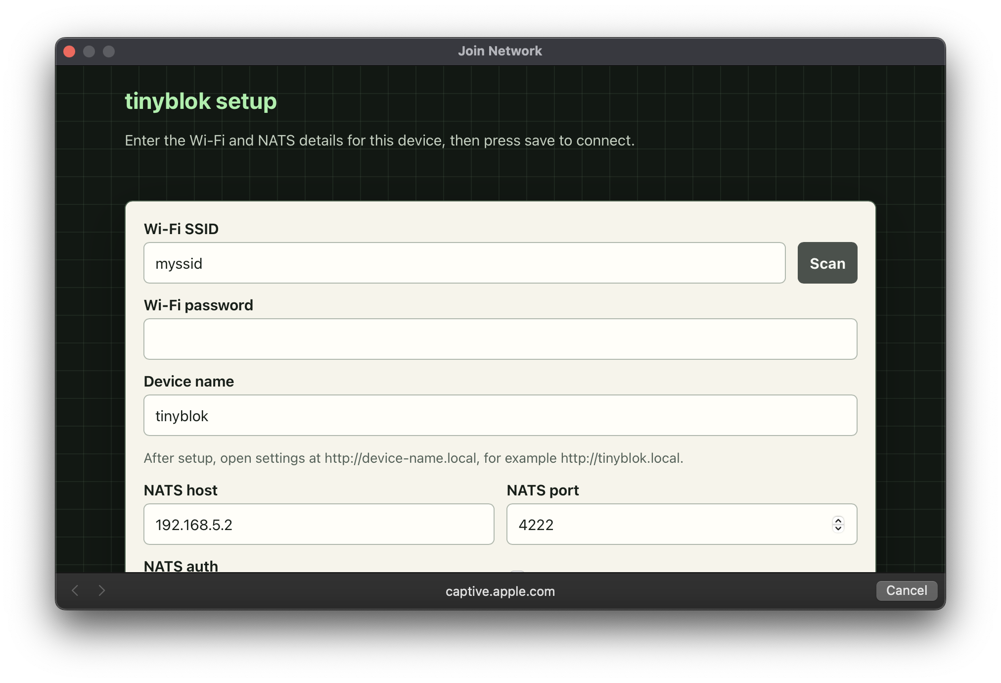 Tinyblok captive setup portal