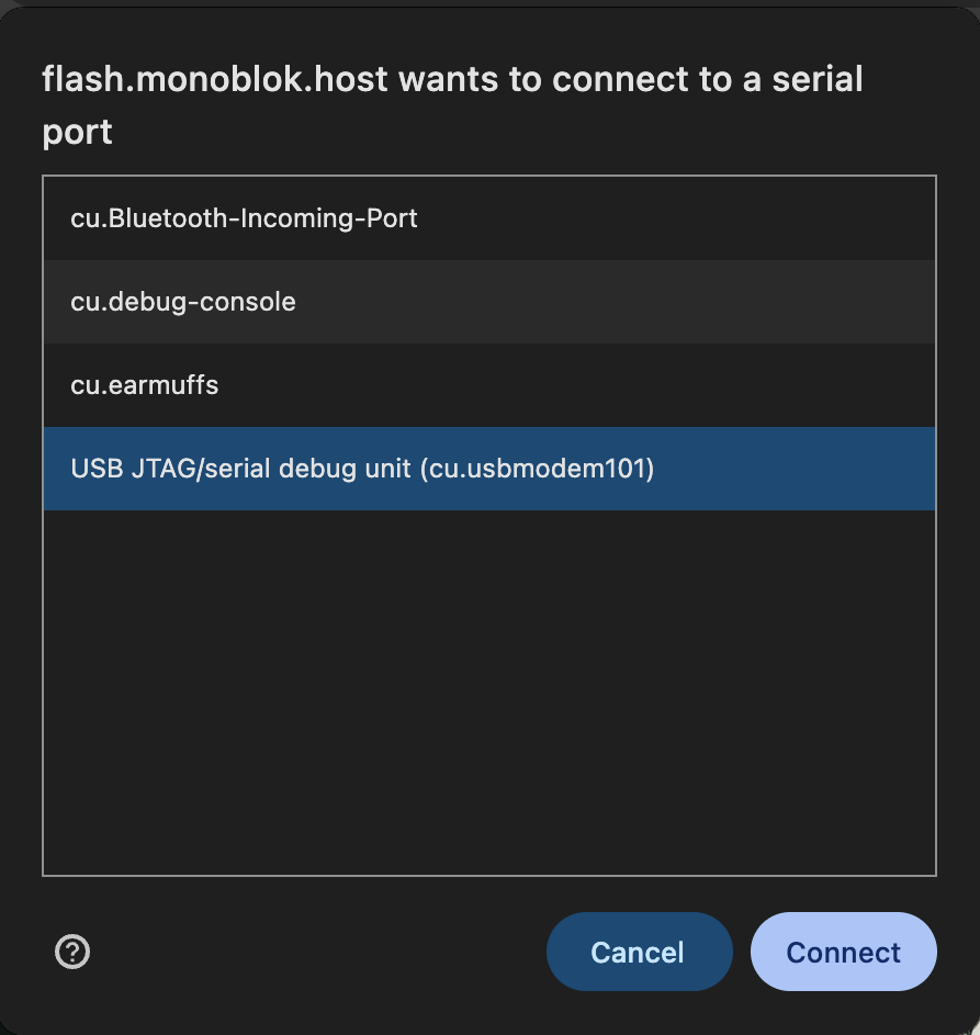 Browser prompt showing the ESP32-C6 serial port